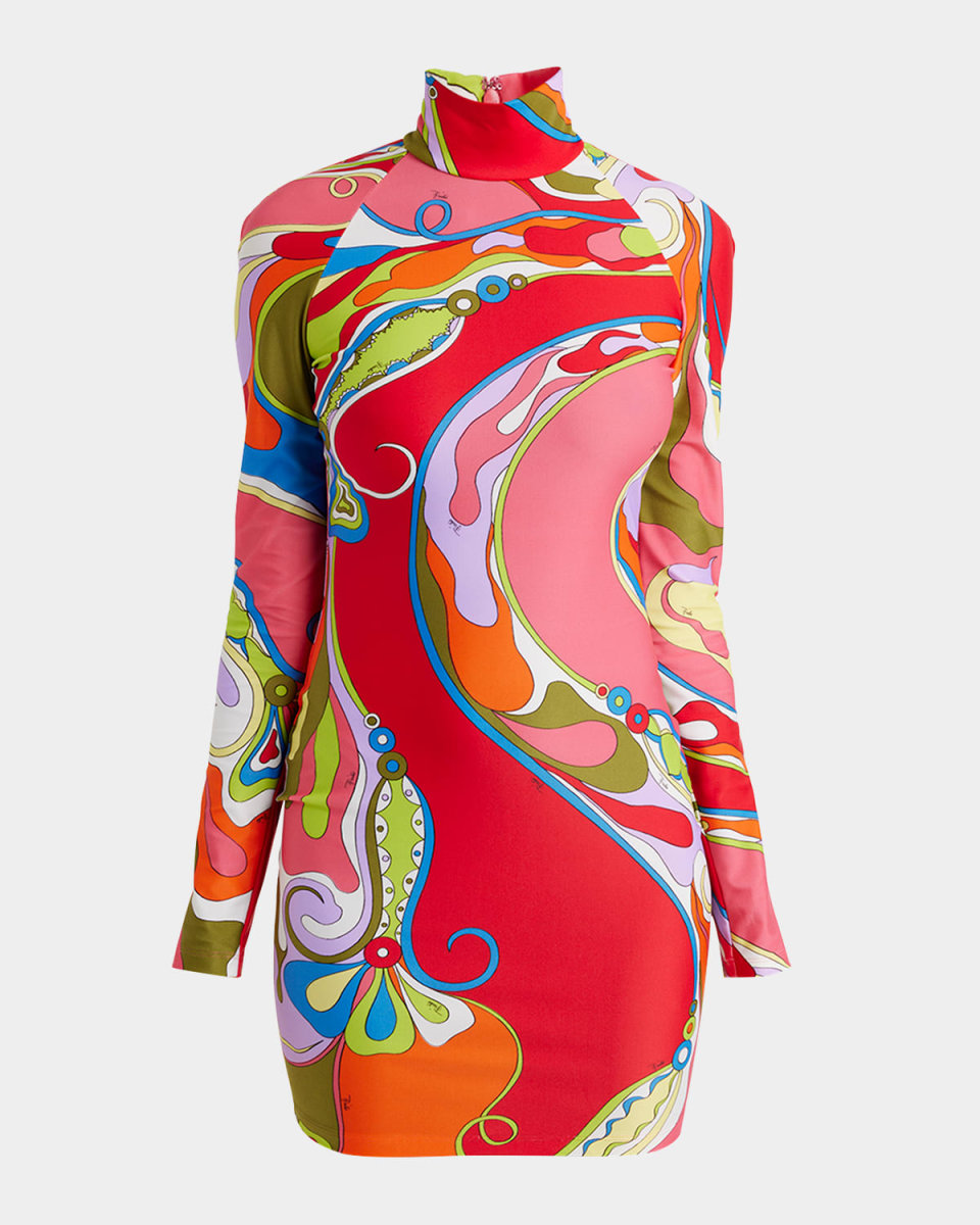 Orchidee-Print Turtleneck Long-Sleeve Mini Dress